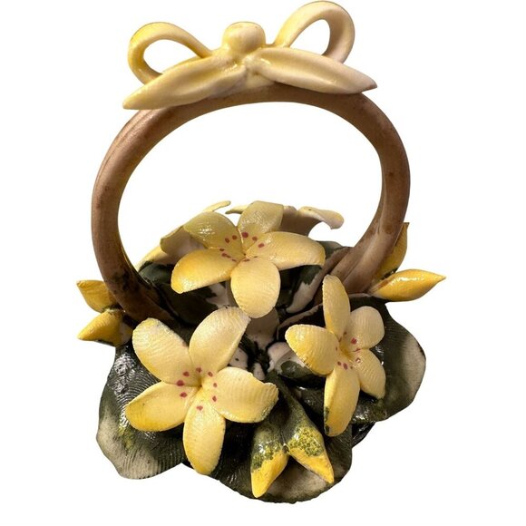 Capodimonte Italy Floral Basket Handcrafted Bow Miniature Figurine Yellow - Picture 4 of 15